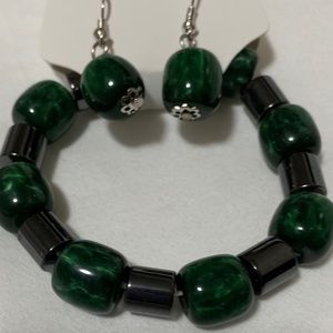 Bracelet & Earring Set Hematite/Green/Silver NEW